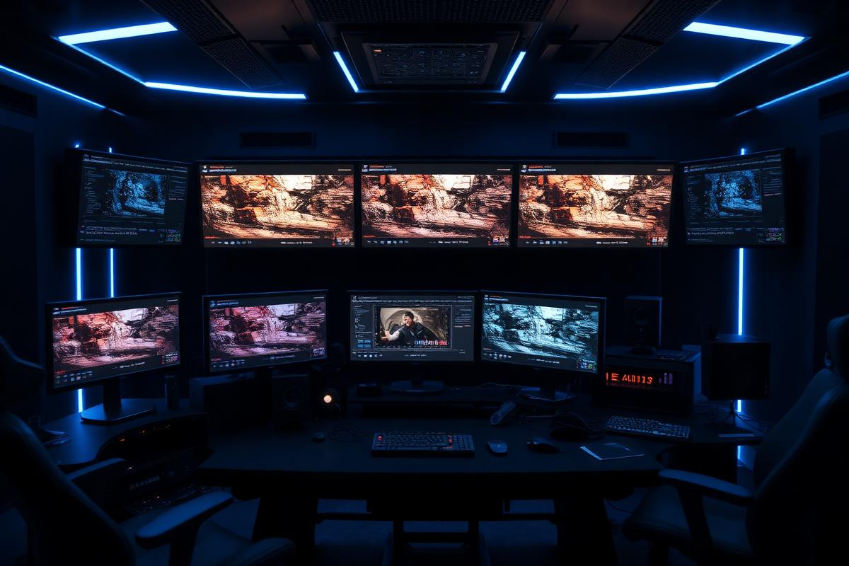 AI video production studio with editing displays